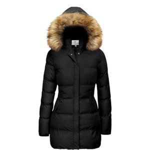 Wenven Womens Black Medium Puffer WInter Jacket Removable Hood Waterproof